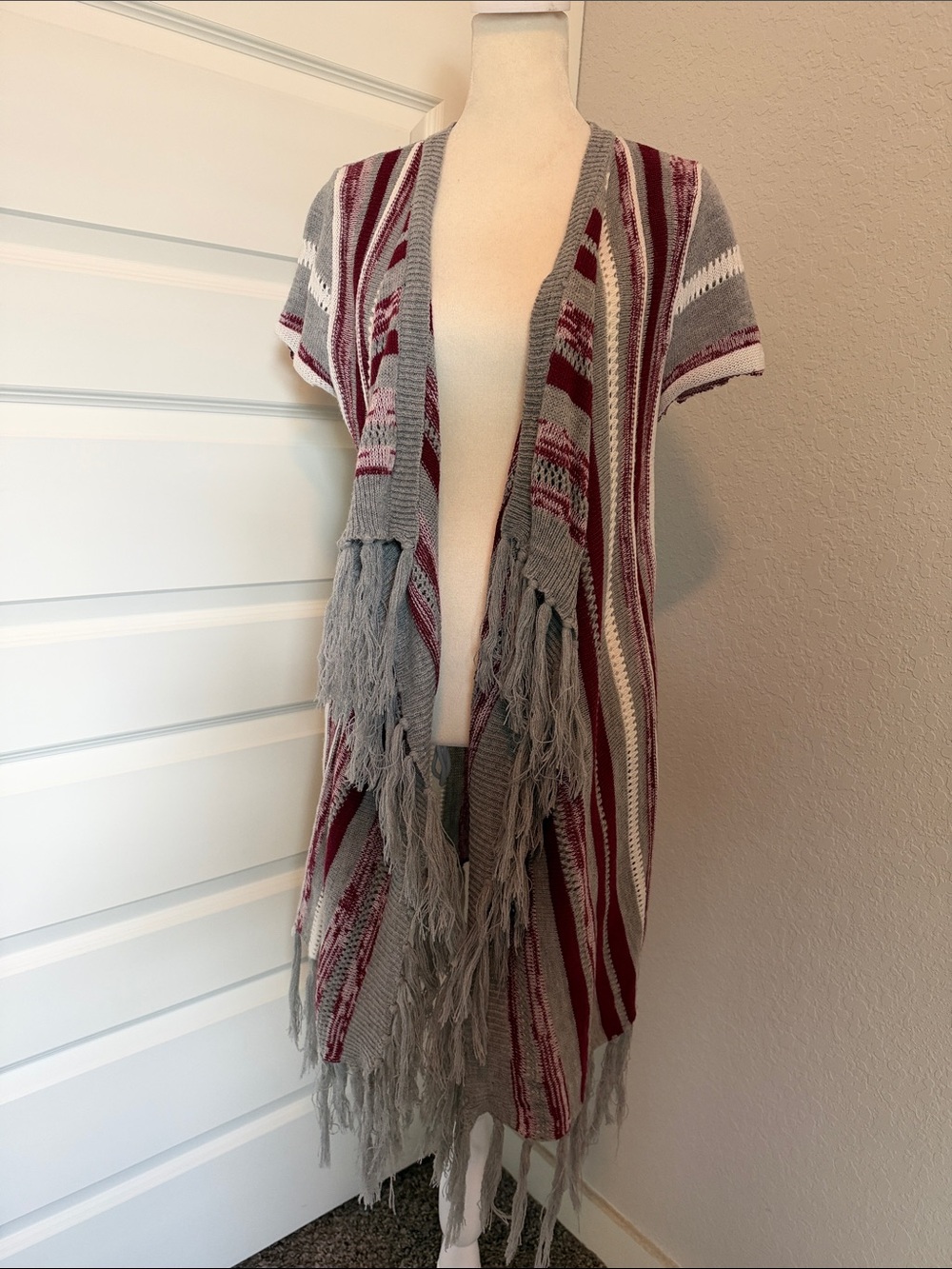 Aggies Texas A&M Colors Maroon Striped Fringe Open Cardigan